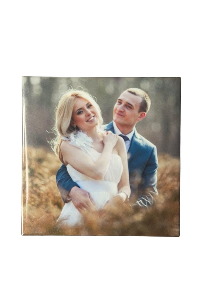 Custom wedding photo magnet of a couple in a forest setting