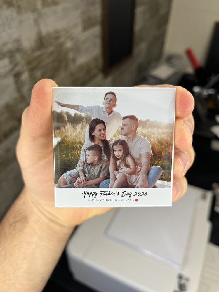 Custom Father's Day photo magnet of a family portrait in a field