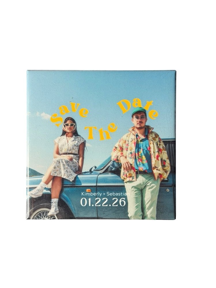 Custom save-the-date photo magnet with a retro car background