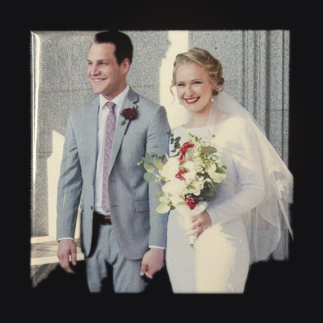 Custom wedding photo magnet of a bride and groom